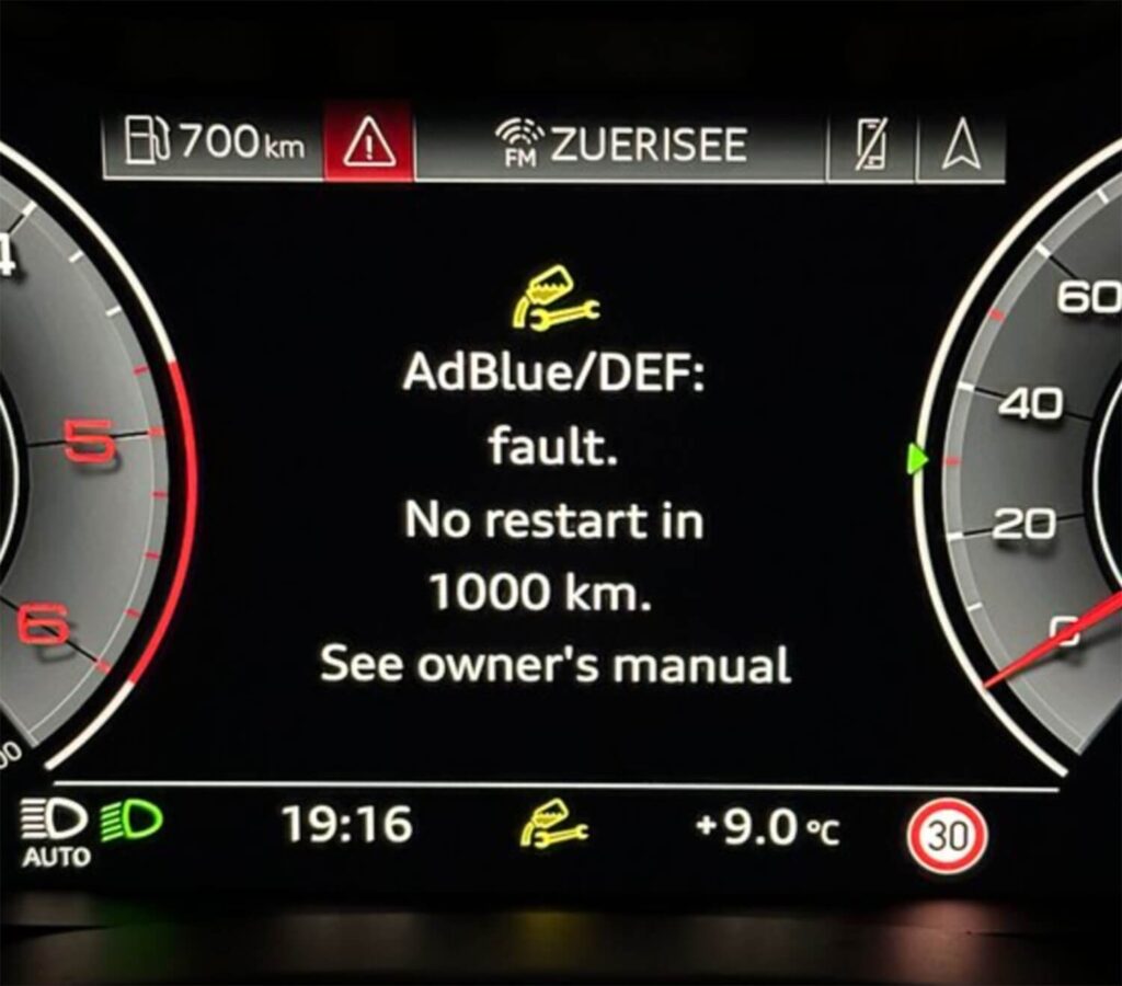 AdBlue/DEF: fault. No restart in 1000 km. See owner's manual