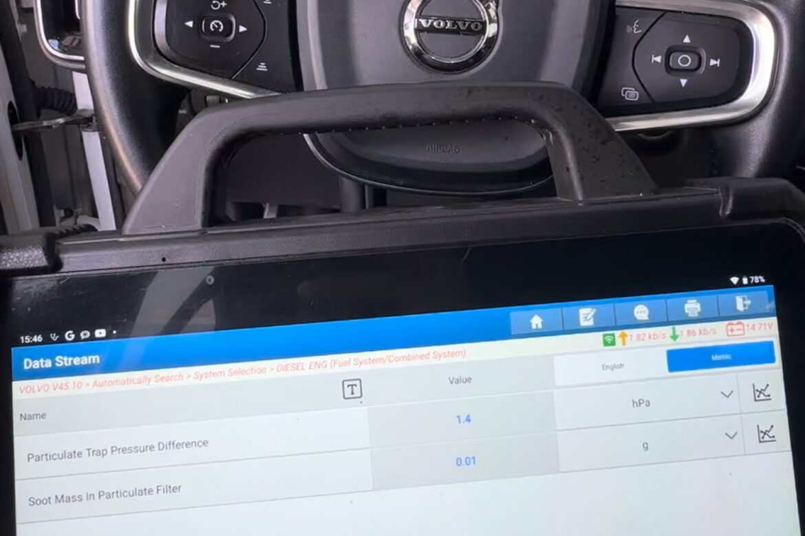 Diagnosegerät im Volvo XC40 zeigt nach der Reparatur 1,4 hPa Differenzdruck am Partikelfilter und 0,01 g Rußmasse